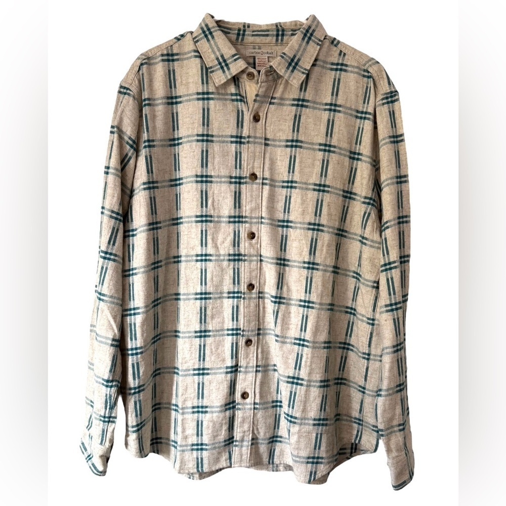 Carbon 2 Cobalt Men’s Flannel Long Sleeve Button Down Teal And Cream Size Large